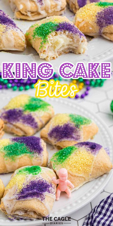 Not your normal King Cake Recipe, these King Cake Bites are perfect little bite sized treats, a flaky pastry filled with a cinnamon cream cheese filling and topped with a sweet and perfectly sanded in the colors of Mardi Gras. King Cake Bites give a tasty change up from the usual King Cake you see everywhere during Mardi Gras. King Cake Recipe Cream Cheese, Gluten Free King Cake, Mardi Gras Desserts, King Cake Bites, Kings Cake Cupcakes, King Cake Recipe Easy, Recipes Using Crescent Rolls, Breakfast Dessert Recipes, Mardi Gras Cake