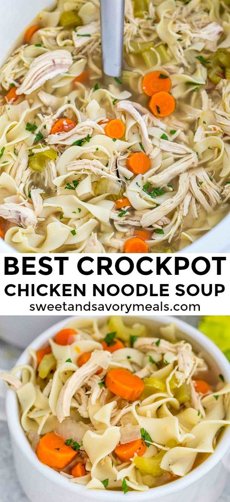 Crockpot Chicken Noodle Soup is soothing, hearty and perfect for cold weather. #chicken #chickennoodlesoup #chickensoup #souprecipe #slowcooker #crockpot #easyrecipe Crockpot Chicken Noodle Soup, Veggie Lasagne, Best Crockpot Chicken, Chicken Noodle Soup Crock Pot, Savory Meals, Crock Pot Recipes, Crockpot Soup Recipes, Crockpot Dishes, Crock Pot Soup