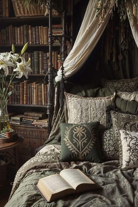 Moody Whimsical Bedroom, Dark Rustic Aesthetic, Book Bedroom Aesthetic Cozy, Dark Cozy Bedroom Ideas Romantic, Moody Romantic Bedroom, Dark Cozy Bedroom, Romantic Bedroom Design, Simple Vase, Bedroom Ideas Romantic