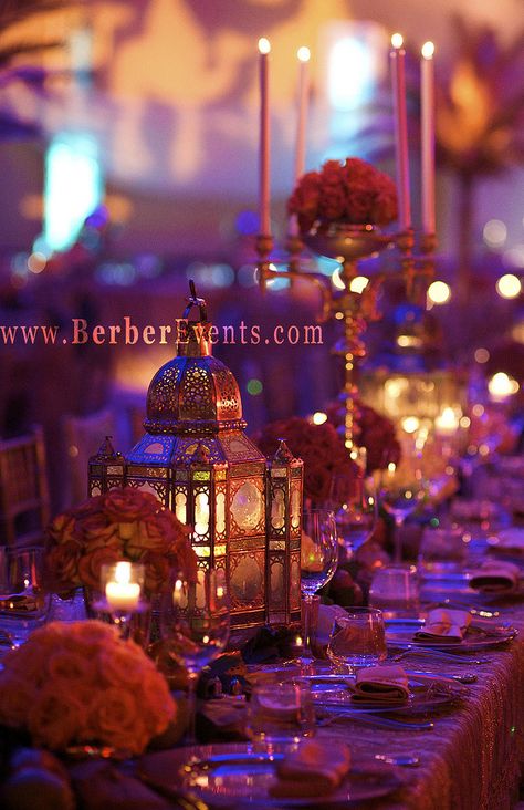 Moroccan Theme Birthday party. Loads of soft lights with purples and golds. Moroccan Dinner Party Table Settings, Morrocan Theme, Moroccan Theme Party, Aladdin Wedding, Arabian Party, Arabian Theme, Arabian Nights Theme, Fontainebleau Miami Beach, Arabian Wedding