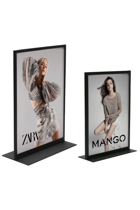 Metal sign holder frame for countertops, pictured in A3 and A4 sizes Table Sign Retail, Table Sign Holder, Boutique Essentials, Poster Display Stand, Table Signage, Sidewalk Sign, Point Of Sale Display, Visual Merchandising Displays, Acrylic Signage