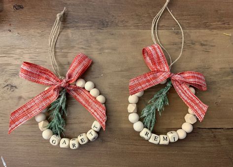 Personalized Mini Wood Wreath Ornament - Etsy Letter Bead Ornament, Crafts With Letter Beads, Ribbon Christmas Tree Ornament, Handmade Wood Ornaments, Mini Ornaments Diy Craft Ideas, Christmas Diy To Sell, Crafts With Embroidery Floss, Kids Homemade Ornaments, Letter Ornaments Diy