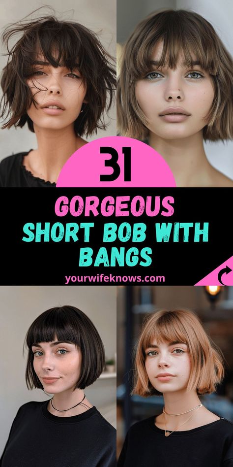 31 Short Bob Hairstyles with Bangs for a Fresh Look Bangs With Chin Length Hair, Short Bob Hairstyles For Straight Hair, Chunky Bangs Short Hair, Short Bob Hairstyles With Bangs For Round Faces, Choppy Bob With Bangs Over 40, Short Bobs With Bangs For Fine Hair, Chin Bob With Bangs, Bob Haircut With Bangs For Round Face, Bangs With Short Bob