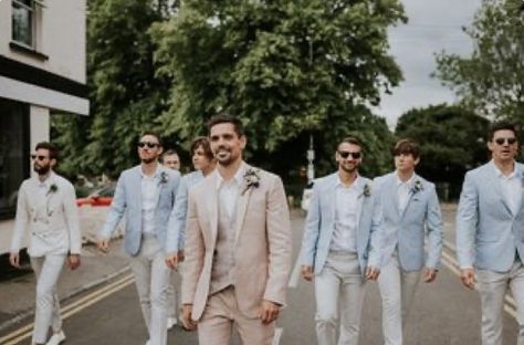 Light Groomsmen Attire, Pale Blue Groomsmen Suits, Groom And Groomsmen Attire Summer Wedding, Pastel Wedding Tuxedo, Pastel Wedding Groom Suit, Pastel Blue Groom Suit, Pastel Mens Suit, Mens Pastel Wedding Attire, Garden Wedding Suit Grooms