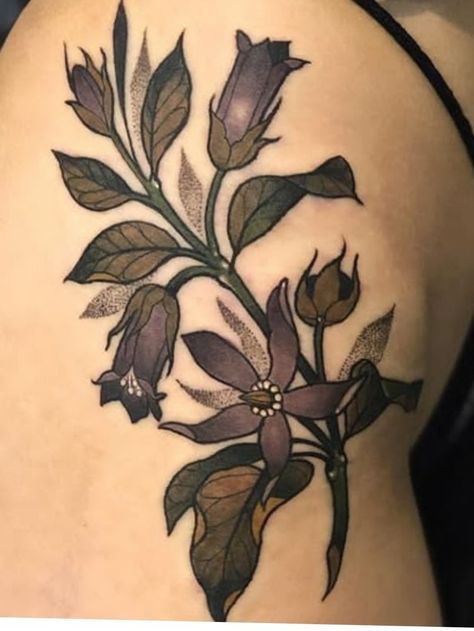 A deep purple tattoo of the belladonna flower Belladonna Tattoo, Belladonna Flower, Nightshade Flower, Scandinavian Tattoo, Emo Tattoos, Tattoo Now, Plant Tattoo, Old School Tattoo Designs, Spooky Tattoos