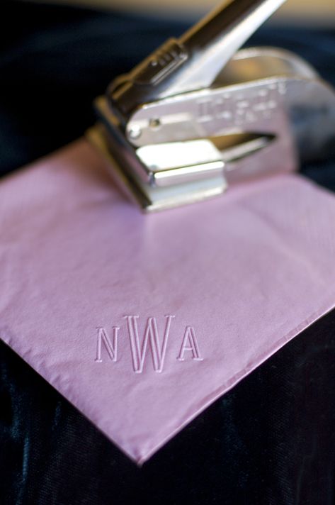 Inexpensive DIY Personalized Napkins - a realistic DIY task any bride can conquer. LOVE THIS IDEA Greeting Ideas, Embossing Stamp, Cheap Party, Monogrammed Napkins, Personalized Napkins, Party Napkins, Here Comes The Bride, Diy Personalized, Cocktail Napkins