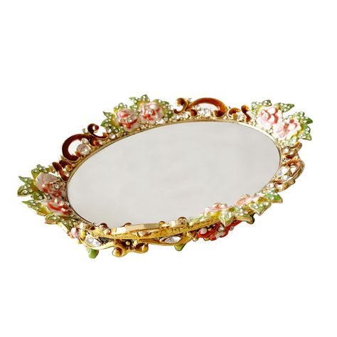 PRICES MAY VARY. [Measurement] - The hand painted mirror vanity tray measures approximately 8.2"L x 6.4"W x 1.8"H, and 0.8lbs. This decorative mirror tray is just right size for Shelf, Vanity Table, Dresser and Countertop. [Premium Materials] - This vintage vanity tray is made from durable metal frame and real metal, individual hand painted, will last to years to come. [Creative Design] - With creative design delicate flowers, manually inlaid crystals, hand painted and refined carvings, this aes Dresser Countertop, Gold Mirror Tray, Floral Vanity, Vintage Vanity Tray, Hand Painted Mirrors, Makeup Tray, Mirror Vanity Tray, Dresser Tray, Vanity Dresser