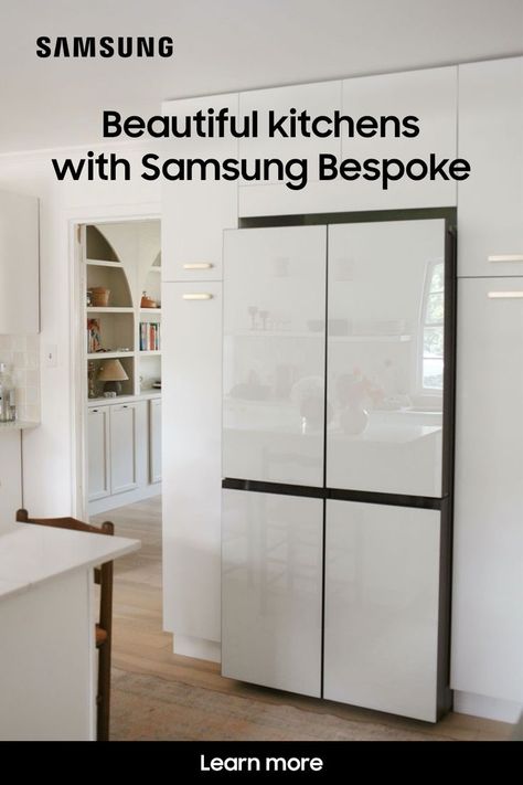 White Refrigerator In Kitchen, Bespoke Refrigerator Kitchen Ideas, Samsung White Glass Fridge, Samsung Bespoke Fridge White Glass, Samsung Bespoke Fridge Freezer, Samsung Fridge White, Samsung White Appliances, Modern Refrigerator Kitchen, Modern Fridge Kitchen