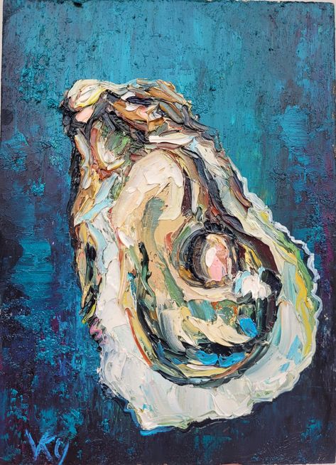 Shell Oil Painting, Oyster Oil Painting, Oysters Painting, Art Food Painting, Oyster Painting, Seafood Art, Oyster Shells Decor, Shell Wall Art, Oyster Art