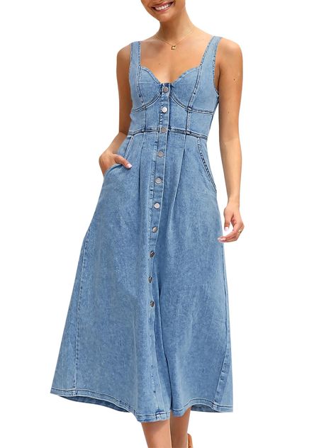 PRICES MAY VARY. Title: Fisoew Women’s Summer Denim Long Dress Button Down Sleeveless A Line Tank Jean Maxi Dress with Pockets. Product Type: Departments > Women > Clothing > Dresses > Casual Women’s Denim Dress, Denim Dress Outfit Summer, Jean Maxi Dress, Jean Dress Outfit, Denim Long Dress, Jeans Dress Outfit, Light Denim Dress, Clothes Details, Denim Sundress