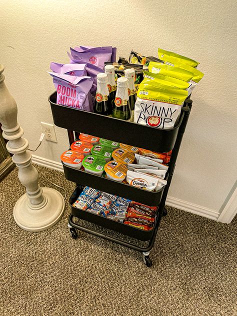 Snack Caddy Ideas, Snack Section In Room, Snack Cart In Bedroom, Snack Table Office, Snack Cabinet In Bedroom, Snack Area In Bedroom Aesthetic, Storage For Snacks In Bedroom, Snack Bar Bedroom, Salon Snacks Bar Ideas