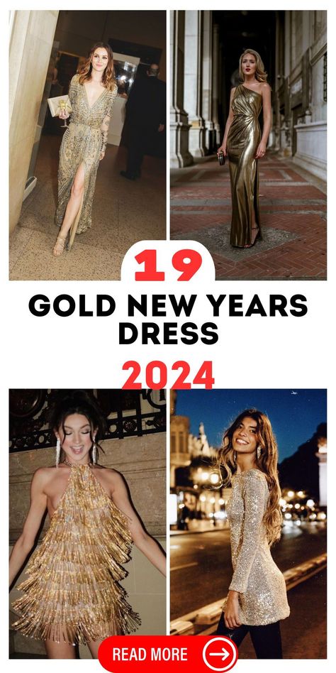 Ring in 2024 with our stunning new years eve gold dress collection. These dresses are designed to dazzle, featuring everything from bold gold sparkles to elegant rose gold designs. Perfect for any New Year's Eve party, these outfits are a must-have for a fashionable entrance. Golden Dress Accessories, Gold Holiday Outfit, 2024 Party Outfit, Gold New Years Outfit, Gold Sequin Dress Outfit, New Years Eve Dress Classy, Gold Dress Outfit, Gold Dress Outfits, New Years Dresses