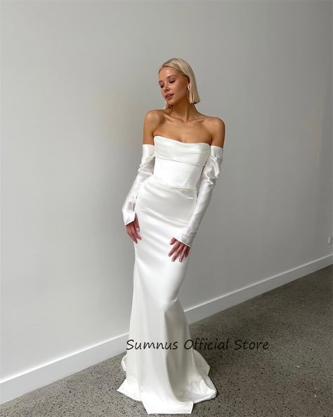 SUMNUS Simple 2024 Satin Mermaid Wedding Dress Off Shoulder Strapless Full Sleeve Long Bride Gowns Mermaid Wedding Dress Off Shoulder, Usvi Wedding, Pilot Wedding, Bridal Era, Wedding Dress Off Shoulder, Chosen By Kyha, Cotswold Wedding, Purple Quinceanera Dresses, Bride Vibes