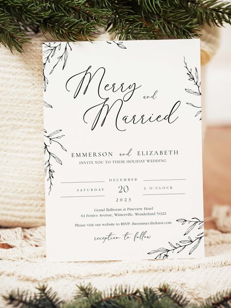 Celebrate your love in a winter wonderland with our Winter Wedding Invitation - Merry and Married Winter Wedding Invite. This beautifully designed invitation captures the festive spirit of the winter season, featuring delicate snowflakes and elegant typography. Perfect for couples planning a winter wedding, this invitation sets the stage for a magical and romantic celebration. BENEFITS Festive Winter Design: The snowflake motif and elegant typography add a touch of winter magic, perfect for a ro Rustic Christmas Wedding Invitations, Winter Wedding Invites, Winter Wedding Card, Wedding Invitations Winter, Winter Christmas Wedding, Forest Wedding Invitation, Silver Winter Wedding, Solstice Wedding, Merry And Married