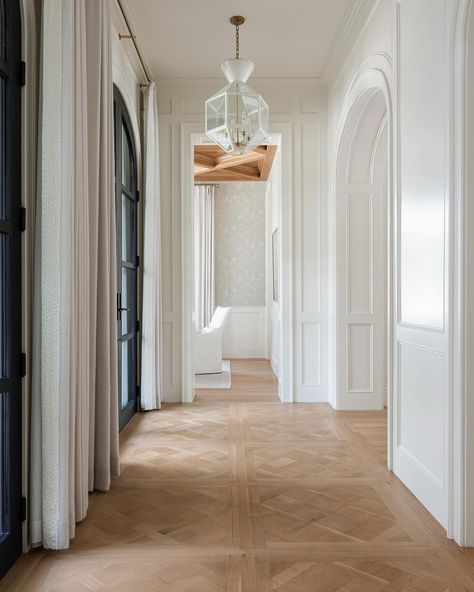 The touches of warmth continue! We strategically placed honey-toned Versailles patterned wood floors to add a touch of warmth but also… | Instagram Black French Doors, Designers Portfolio, Floor Pattern Design, Wood Floor Pattern, Kate Marker Interiors, Entryway Style, Versailles Pattern, Wood Parquet Flooring, Florida Condos