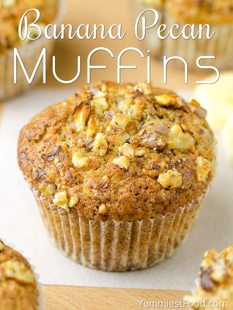 Banana Pecan Muffins – Recipe from Yummiest Food Cookbook Raspberry Oatmeal Muffins, Banana Pecan Muffins, Pecan Muffins Recipe, Banana Muffin Recipe Healthy, Quick Summer Desserts, Pecan Oatmeal, Yummiest Food, Oatmeal Muffin Recipes, Pecan Muffins