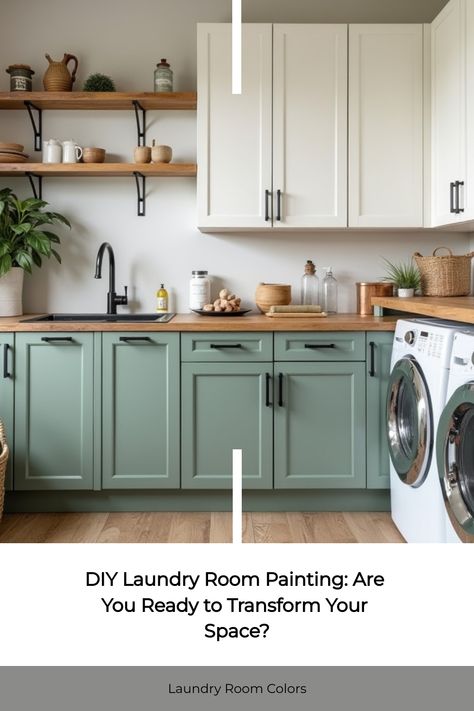 High angle view of laundry room during painting process Laundry Room Painted Cabinets, Paint For Laundry Room, Laundry Room Colors Paint, Teal Laundry Room, Laundry Room Colors Scheme, Laundry Room Paint Colors, Laundry Room Paint Color, Laundry Room Paint, Laundry Room Colors