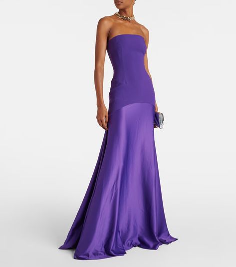 Alessandra off-shoulder satin gown in purple - Solace London | Mytheresa Purple Dress Formal, Royal Purple Dress, Purple Formal Dress, Solace London, Fall Wedding Guest Dress, London Outfit, Black Tie Dress, Mob Dresses, Wedding Attire Guest