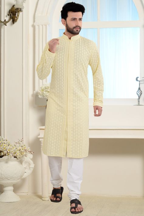 Kurta Designs Men's, Pakistani Kurta Designs, Latest Kurta Designs, Pakistani Kurta, Yellow Kurta, Groom Dress Men, Haldi Outfits, Indian Groom Wear, Wedding Dresses Men Indian