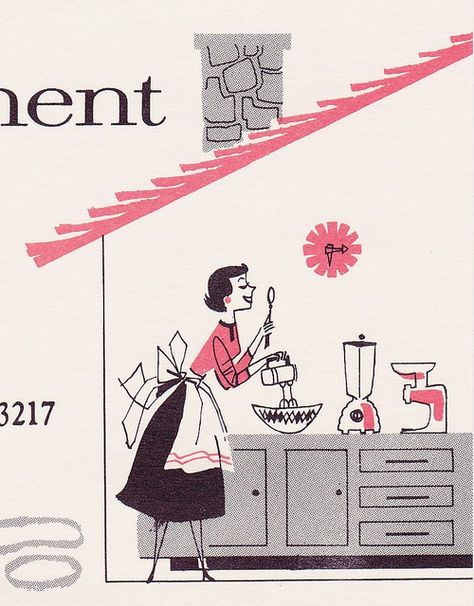 A cheerful 1950s homemaker whizzes through her cooking thanks to her array of Oster small appliances. #illustration #1950s #vintage #homemaker #housewife Vintage Homemaker, Homemaker Recipes, Decorating Room, Vintage Housewife, Mid Century Illustration, Retro Housewife, Cooking Guide, Home Economics, Vintage Swimwear