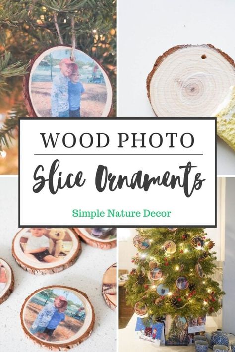 Wood Ornaments With Pictures, Wood Slice Photo Ornament, Diy Christmas Wood Ornaments, Christmas Wood Round Ornaments, Small Wood Slice Crafts, Wood Cookies Ideas, Wood Rounds Crafts, Wood Ornaments Diy, Wood Slice Ornament Ideas