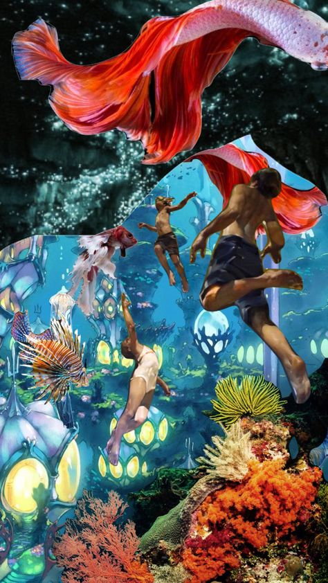 Underwater World Aesthetic, Underwater Moodboard, Marine Life Collage, Ocean Aesthetic Underwater, Underwater People, Underwater Collage Art, Underwater Background, World Aesthetic, Funky Fish