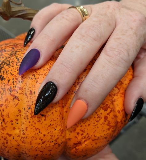 Matte purple & orange with shiney black Halloween Nails Purple Orange Black, Halloween Slime Nails, Black Purple Orange Halloween Wedding, Purple Orange Nails Halloween, Purple Black Orange Nails, Dark Purple And Orange Nails, Purple Orange Halloween Nails, Black Purple Orange Nails, Halloween Nails Orange And Purple