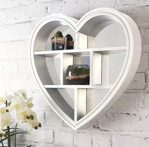 White Heart Mirror, Shelving Unit Bedroom, Heart Shelf, Shabby Chic Storage, Shelf Vanity, Mirror Shelf, Wall Mirror With Shelf, Heart Mirror, Wall Shelf Decor