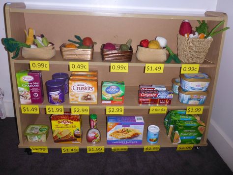 Play to Learn Dramatic Play Decor Ideas, Supermarket Pretend Play, Dramatic Play Supermarket, Classroom Grocery Store, Grocery Store Unit Preschool, Supermarket Role Play, Supermarket Activities Preschool, Dramatic Play Store, Grocery Store Activities For Preschool