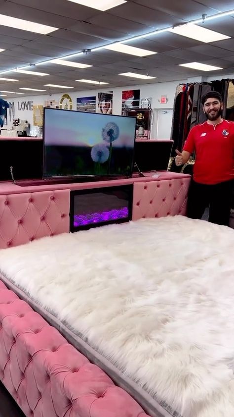 Girly Pink Bedroom Luxury, Pink Bed Frame, Boujee Bedroom, Cozy Glam Bedroom, Girly Pink Bedroom, Bed Tv, Billionaire Homes, Tv Built In, Room Organization Bedroom