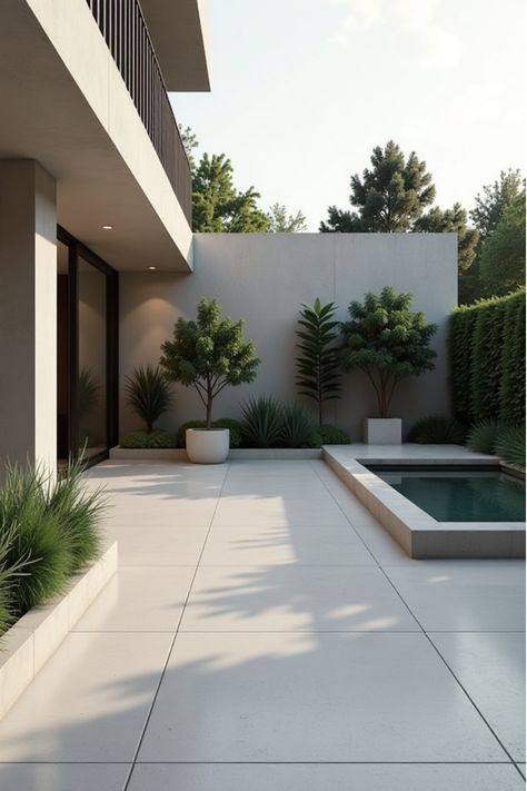 Contemporary patio featuring sleek porcelain tiles and modern landscaping elements Modern Backyard Design Ideas, Patio Design Pavers, Backyard Paving Ideas, Porch Tiles Outdoor, Large Pavers Backyard, Porcelain Tile Patio, Concrete Backyard Ideas, Backyard Tiles, Pavers Patio Ideas