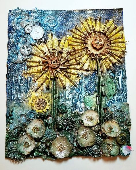 Sunflower Mixed Media Canvas Mixed Media Art Ideas, Media Art Ideas, Mixed Media Diy, Kids Canvas Art, Mixed Media Art Projects, Art Du Collage, Multimedia Arts, Mixed Media Art Canvas, Mixed Media Crafts