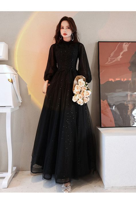 Bishop Sleeve Prom Dress, Long Sleeve Black Ball Gown, Simple Tulle Gown, Prom Dress Modest Long Sleeve, Prom Dress Modest Elegant, Black Tulle Dress Long Sleeve, Dress Black With Sleeves, Black Bishop Sleeve Dress, Full Sleeve Prom Dress Long