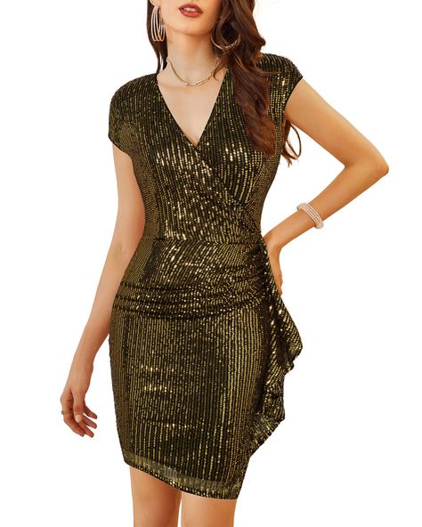 PRICES MAY VARY. Sequin Dress Fabric: This V-neck wrap bodycon dress is made of superior polyester with soft lining, skin-friendly and not see through, comfortable to wear in any situation. Fashion Design: Sexy V neck dress, short sleeve dress, ruffle hem dress, wrap dress, bodycon dresses, sequin dress, sparkly dress, irregular hem dress, midi dress. Occasions: This cocktail wedding guest dresses for women is very flattering and suitable for various parties such as cocktail party, evening party Sparkly Sequin Dress, Birthday Night, Dresses Sequin, Nye Dress, V Neck Cocktail Dress, Wrap Dress Short, Bodycon Cocktail Dress, Velvet Cocktail Dress, Sequin Bodycon Dress