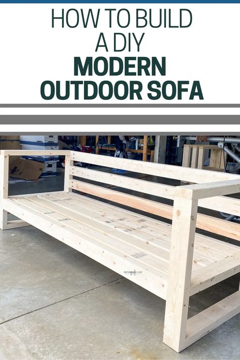 How to build a DIY modern outdoor sofa the simple way. Check out these easy to follow step-by-step plans. Save money and build your own custom outdoor furniture today! Outdoor Sofa Design, Outdoor Couch Diy, Modern Outdoor Sofa, Outdoor Sofa Diy, Custom Outdoor Furniture, Modern Outdoor Sofas, Balkon Design, Wood Patio Furniture, Porch Furniture