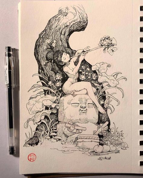 Pencil Drawing Illustration, Inktober Art Sketches, Fantasy Ink Drawing, Inktober Drawings Ideas, Ink Illustrations Character, Black Ink Art Illustrations, Forest Ink Drawing, Black Pencil Drawing, Inking Illustration