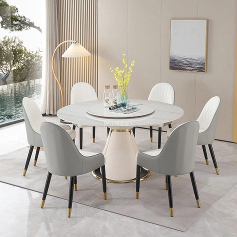 PRICES MAY VARY. 【Dining Table Set For 6】 : The classic and simple dining table will blend seamlessly into your dining area. This 59“ Round kitchen table is designed with simple lines and a elegant textured surface that is comfortable to the touch if more friends are invited to dinner do not worry about crowded seats. 【Comfortable and Ergonomic Design】:The ergonomic chairs have been designed to best adapt to and complement the human body, including considerations of postures, comfort level, and Marble Dining Table Velvet Chairs, Kitchen Table Stuling, Marble Dining Table With Grey Chairs, 4 Seater Round Marble Dining Table, White Table Gray Chairs Dining Room, Small Glam Dining Table, White Table Grey Chairs Dining Rooms, Round Grey And White Purple Dining Room, Marble Dining Table Set Round