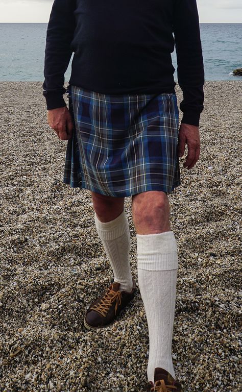 Blue kilt, white socks. High Knee Socks Outfit, Modern Kilts, Men Wearing Skirts, Modern Skirt, Sock Outfits, Men In Kilts, Preppy Look, White Socks, White Sock