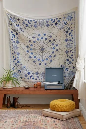 Blue Themed Room, Bedroom Tapestry, Urban Outfitters Home, Bedroom Blue, Tapestry Bedroom, Themed Room, Floral Tapestry, Room Makeover Inspiration, Blue Bedroom