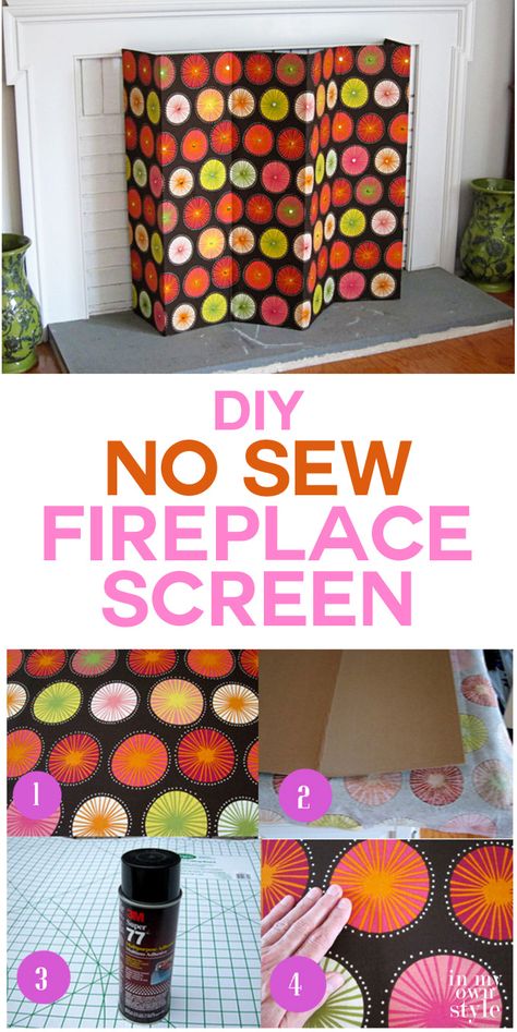 No sew DIY Fireplace screen made using fabric and cardboard. It can also be used as a decorative screen to hide kid's toys, unsightly electronics, and more.#nosew #fireplace #screen #DIY Fireplace Screen Diy, Diy Fireplace Screen, Fireplace Cover Ideas, Diy Fireplace Cover, Fireplace Cover Up, Diy Fireplace Mantle, Decorative Fireplace Screens, Faux Fireplace Mantels, Decorative Fireplace