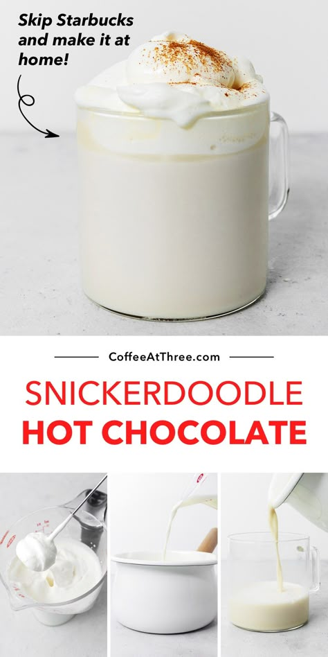 Hot Chocolate And Whipped Cream, Starbucks Snickerdoodle Hot Chocolate, Snickerdoodle Hot Chocolate Starbucks, Hot Chocolate Alternative, Milk Frother Recipes Hot Chocolate, Flavored Hot Chocolate Recipes, Chad Recipes, Snickerdoodle Hot Chocolate, Frothy Drinks