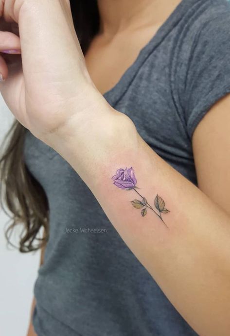 Single Rose Tattoo, Purple Rose Tattoo, Rose Tattoo Placement, Purple Flower Tattoos, Small Lotus Tattoo, Purple Rose Tattoos, Single Rose Tattoos, Yellow Rose Tattoos, Rose Tattoo Forearm