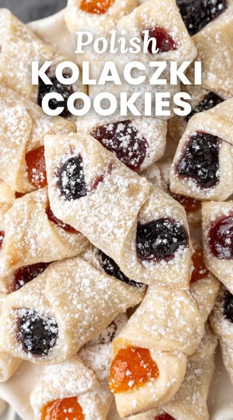 Kolachy Cookies Recipe, Polish Kolaczki Cookies, Serbian Cookies Recipes, Polish Cookies Kolacky, Klochkies Cookies, Polish Kolaczki Recipe, Kolachky Cookie Recipe, Polish Pastries, Savory Cranberry Sauce