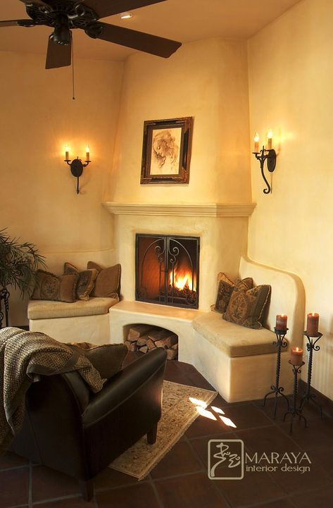 Santa Barbara style fireplace - mediterranean - living room - santa barbara - Maraya Droney Design Spanish Style Fireplace, Spanish Fireplace, Mediterranean Living Room, Fireplace Seating, Mediterranean Living, Built In Seating, Corner Fireplace, Home Fireplace, Rustic Living