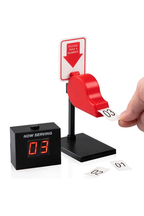 This mini deli-counter-style ticket dispenser has 100 numbered paper tickets to pull and a digital Now Serving board to let everyone know when it's their turn. Ticket Dispenser, Digital Display Board, Deli Counter, Desk Caddy, Rotisserie Grill, Quill And Ink, Mini Booklet, Grill Basket, People Problems