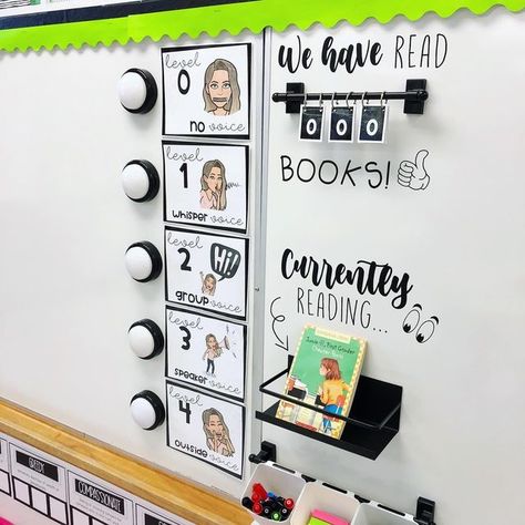 Volume Classroom Noise Levels, Reading Teacher Classroom Setup, Currently Reading Display, Pre K Room Decor Ideas, Classroom Voice Level Lights, Books We've Read Display, Voice Levels Classroom, Year 3/4 Classroom, Classroom Noise Level Lights