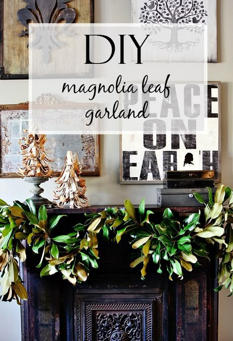 Magnolia Leaf Garland Christmas, Making Magnolia Garland, Magnolia Leaf Garland Diy, How To Make Magnolia Garland, Magnolia Leaf Wreath Diy, Magnolia Leaf Christmas Wreath, Magnolia Christmas Garland, Magnolia Garland Mantle, Magnolia Garland Diy