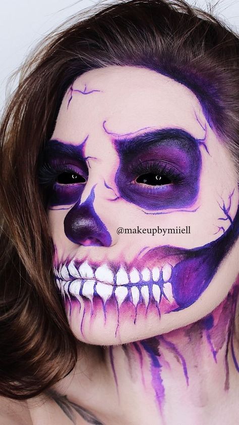 Doing your makeup for Halloween is cool because it's a chance to unleash your creativity and transform into captivating characters or creatures, enhancing your costume and adding authenticity to your portrayal. Black And Purple Skeleton Makeup, Barbie Skeleton Makeup, Baddie Makeup Products, Colorful Skeleton Makeup, Purple Skull Makeup, Halloween Is Cool, Skull Face Makeup, Halloween Makeup Sugar Skull, Makeup For Halloween