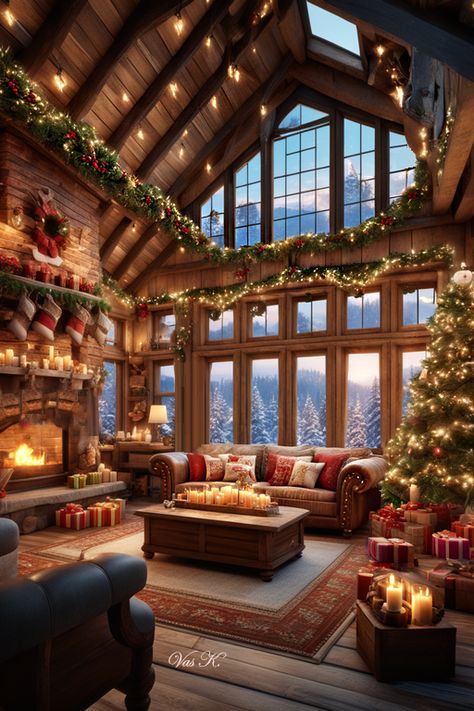 Christmas Decor Ideas Cabin, Winter Cabin Bedroom Aesthetic, Bloxburg Winter Cabin Interior, Mountain House Christmas Decor, Mountain House Christmas, Christmas Aesthetic Interior, Christmas In The Mountains Winter Cabin, Bloxburg Cabin Living Room, Christmas Cabin Interior