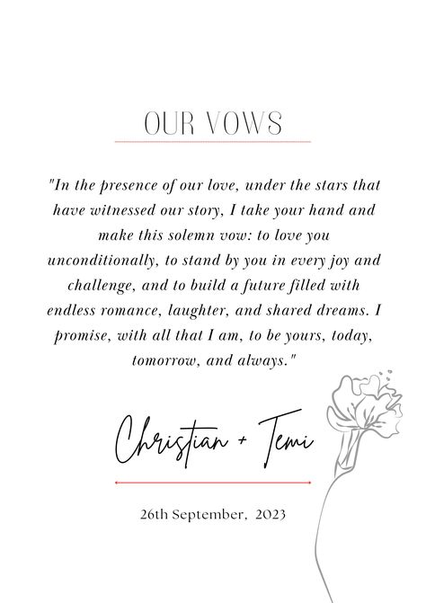 "Elevate your love story with our \"Custom Wedding Vows PDF for Framing.\" This personalised marriage vow art allows you to immortalise your heartfelt promises in a beautifully designed PDF format. With elegant typography and customisable options, you can create a unique piece of wall decor that symbolizes your enduring commitment. Whether you're a newlywed looking to frame your vows or celebrating a milestone anniversary, this digital download adds a touch of romance and sentiment to your home. Download now to transform your wedding vows into a visual masterpiece, keeping your love alive and visible for years to come." Soulmate Wedding Vows, Examples Of Vows, I Vow To, Handwritten Vows Wedding, Deep Wedding Vows, With This Ring Vows, Spiritual Vows, Her Vows To Him, Wedding Vow Quotes